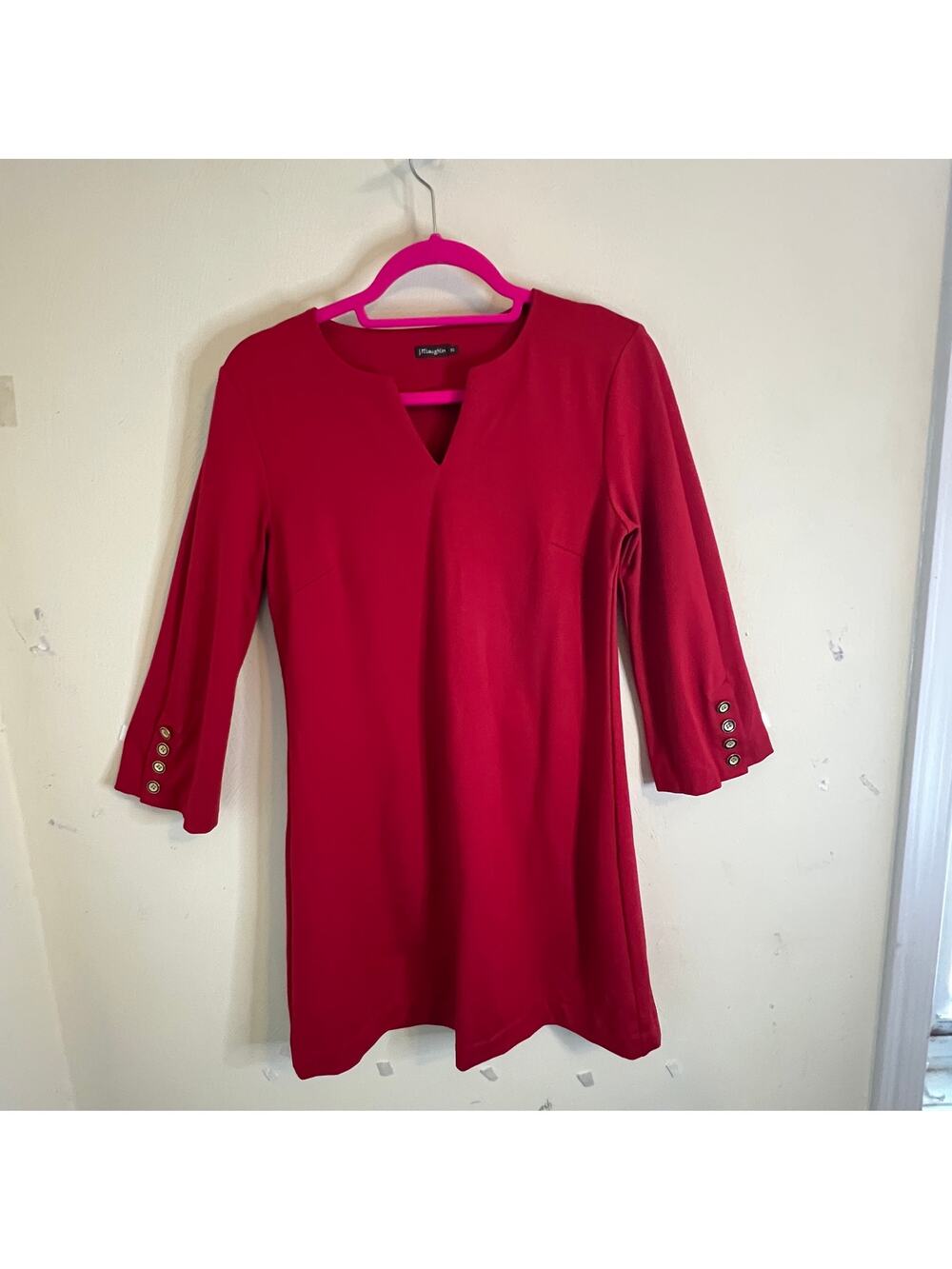 J. McLaughlin Odelia Red Ponte Knit Sheath Dress XS Gold Button Sleeve Career